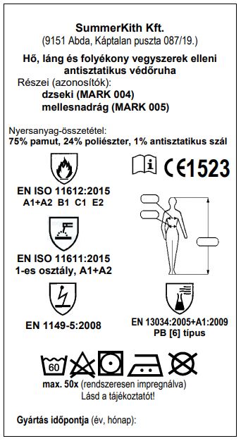 Hő, láng és folyékony vegyszerek elleni antisztatikus védőruha